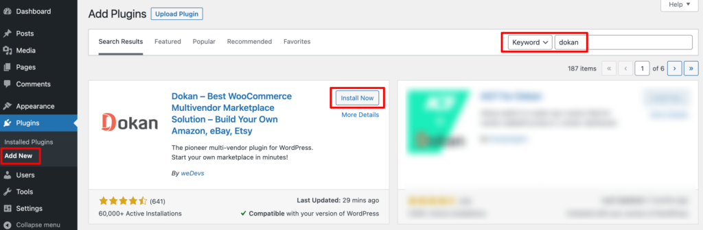 This image shows how to install Dokan from a WordPress dashboard 