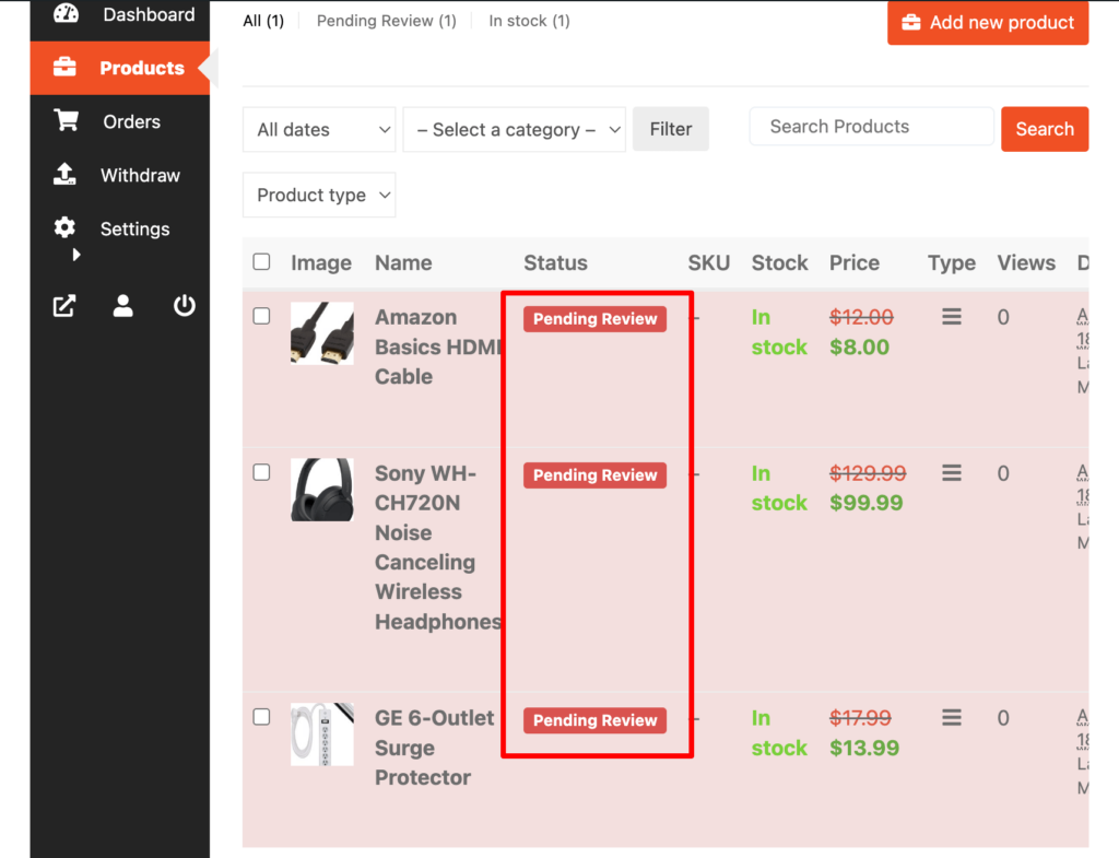 This is a screenshot that shows the pending products list