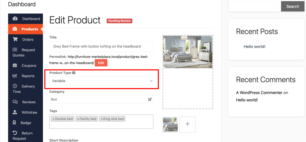 This image shows how to set a product type as Variable product 