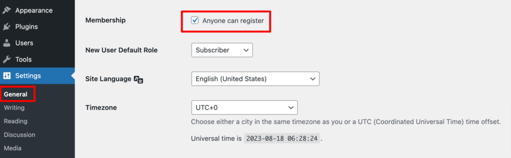 This image shows how to enable "Anyone can register" option.