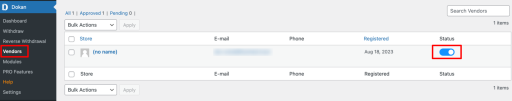 This image shows how to turn on the selling capability for a vendor. 