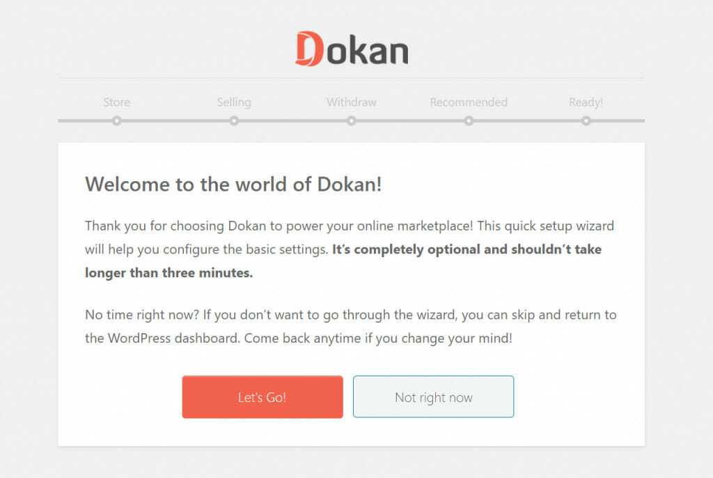 This is a screenshot of a Dokan admin setup wizard