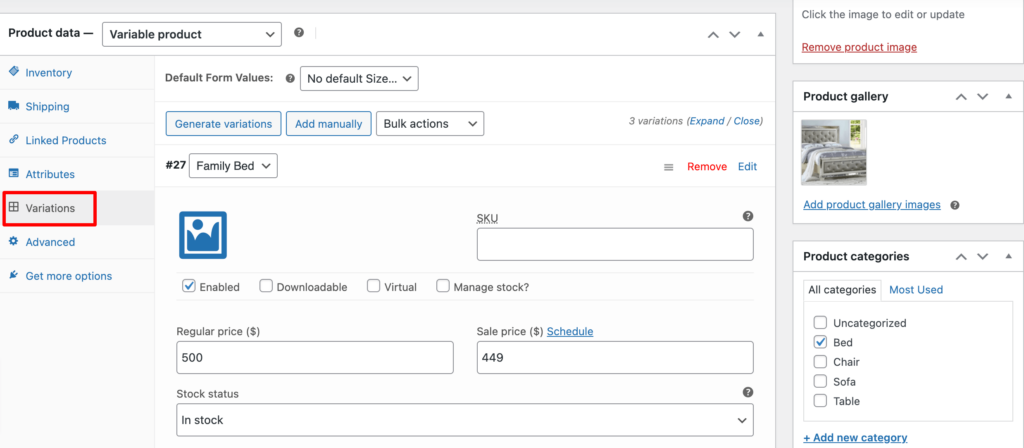 This image shows how to add variations for each attribute from the backend as an admin