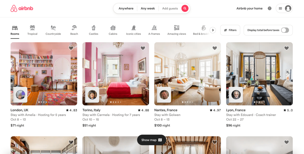 This is a screenshot of the Airbnb marketplace