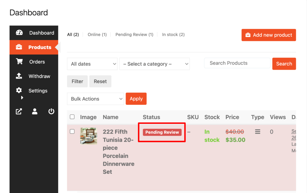 This image shows the product status in Dokan powered kitchen utensils marketplace