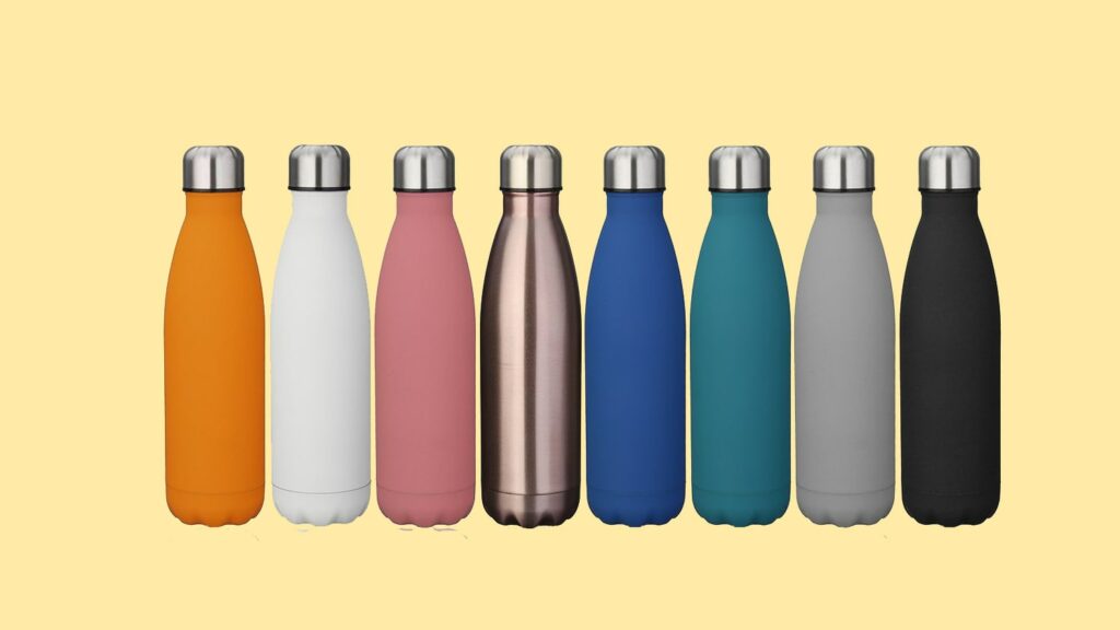 An illustration of reusable stainless steel water bottles
