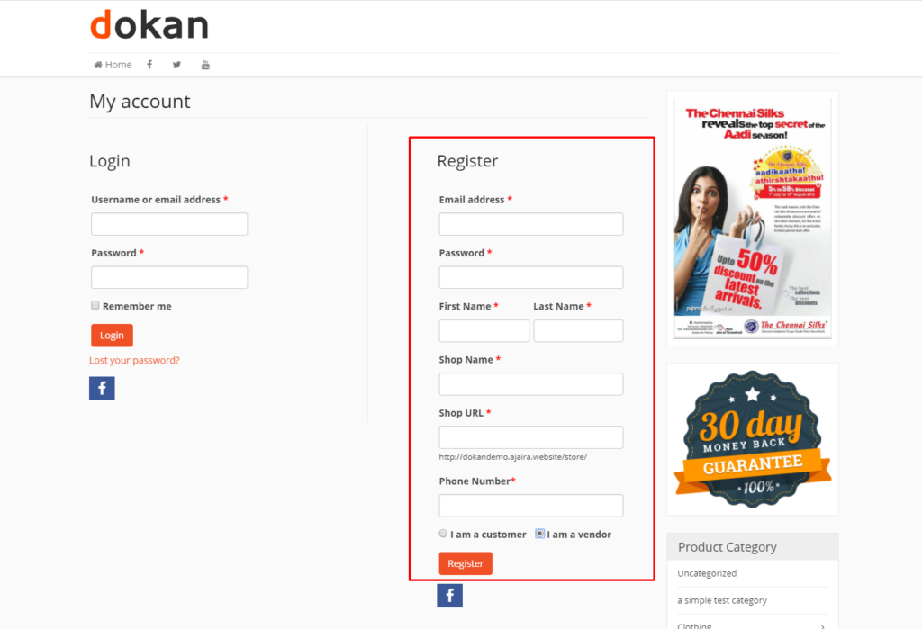 A screenshot of default registration form of Dokan multivendor 