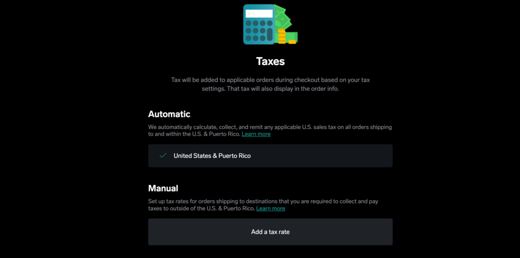 This screenshot shows the Big Cartel tax settings 