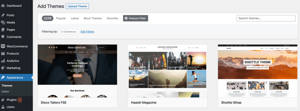 This image shows the list of the WordPress eCommerce themes