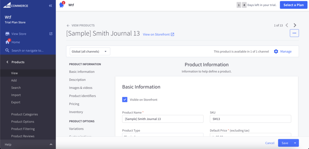 This is a screenshot of BigCommerce Product Management