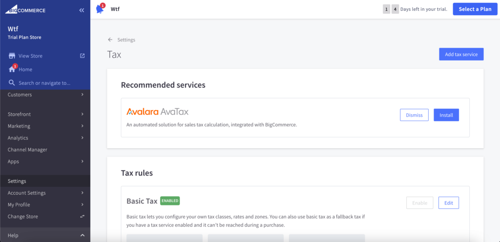 This is a screenshot of BigCommerce Tax