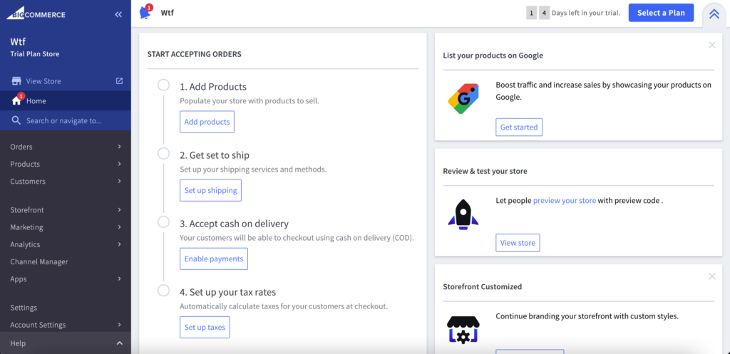 This is a screenshot of BigCommerce dashboard