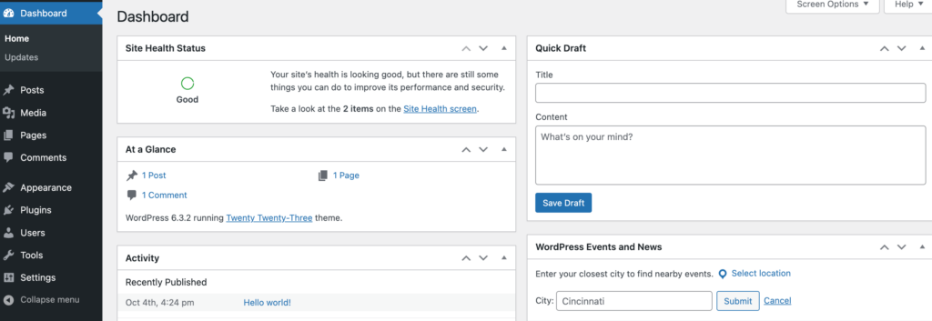 This is a screenshot of the WordPress dashboard