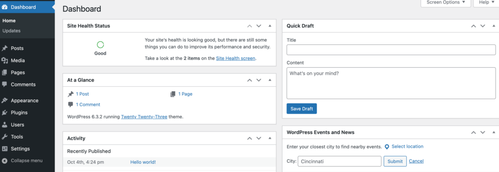 WordPress dashboard