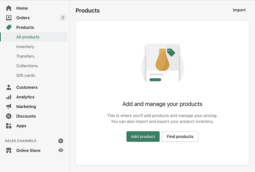 A screenshot to add products to shopify