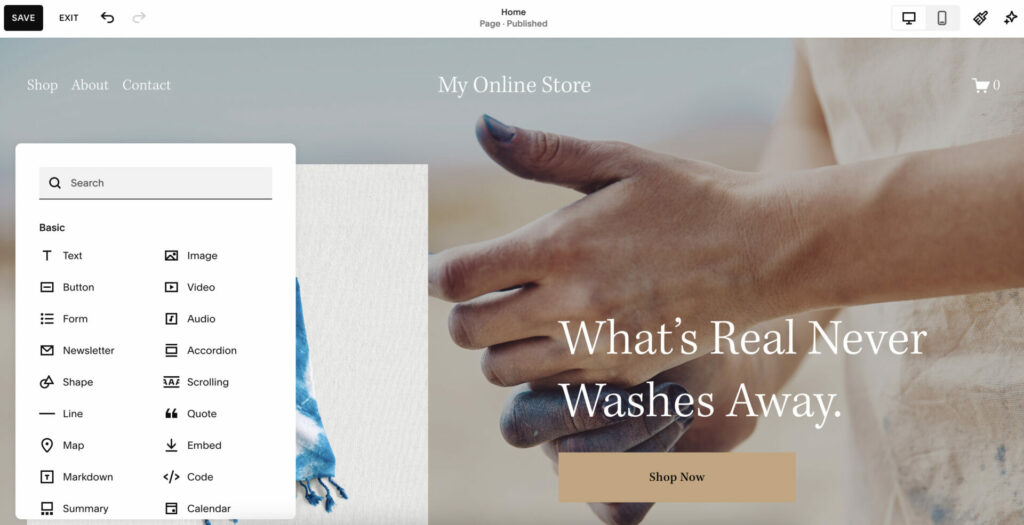 A screenshot to design your shop on squarespace