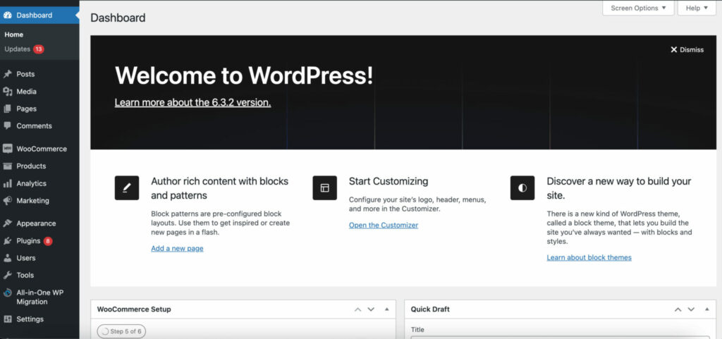 A screenshot of WordPress dashboard