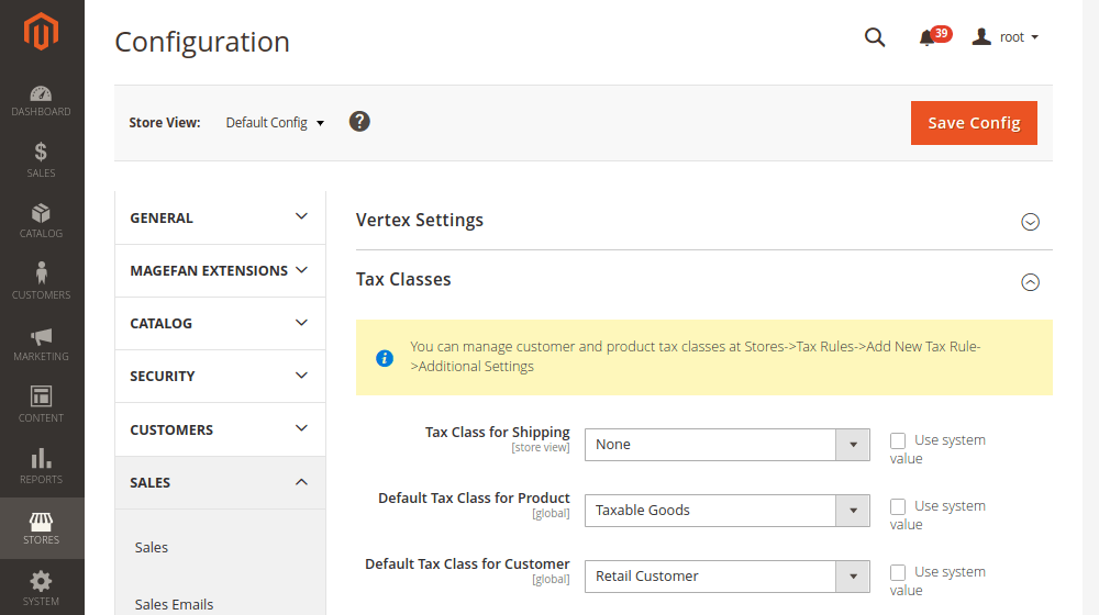 A screenshot of magento tax configuration to Magento vs WordPress for eCommerce