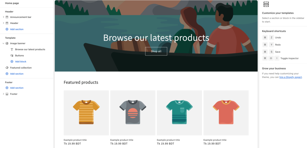 A screenshot to shopify theme customizer- WordPress vs Shopify for eCommerce