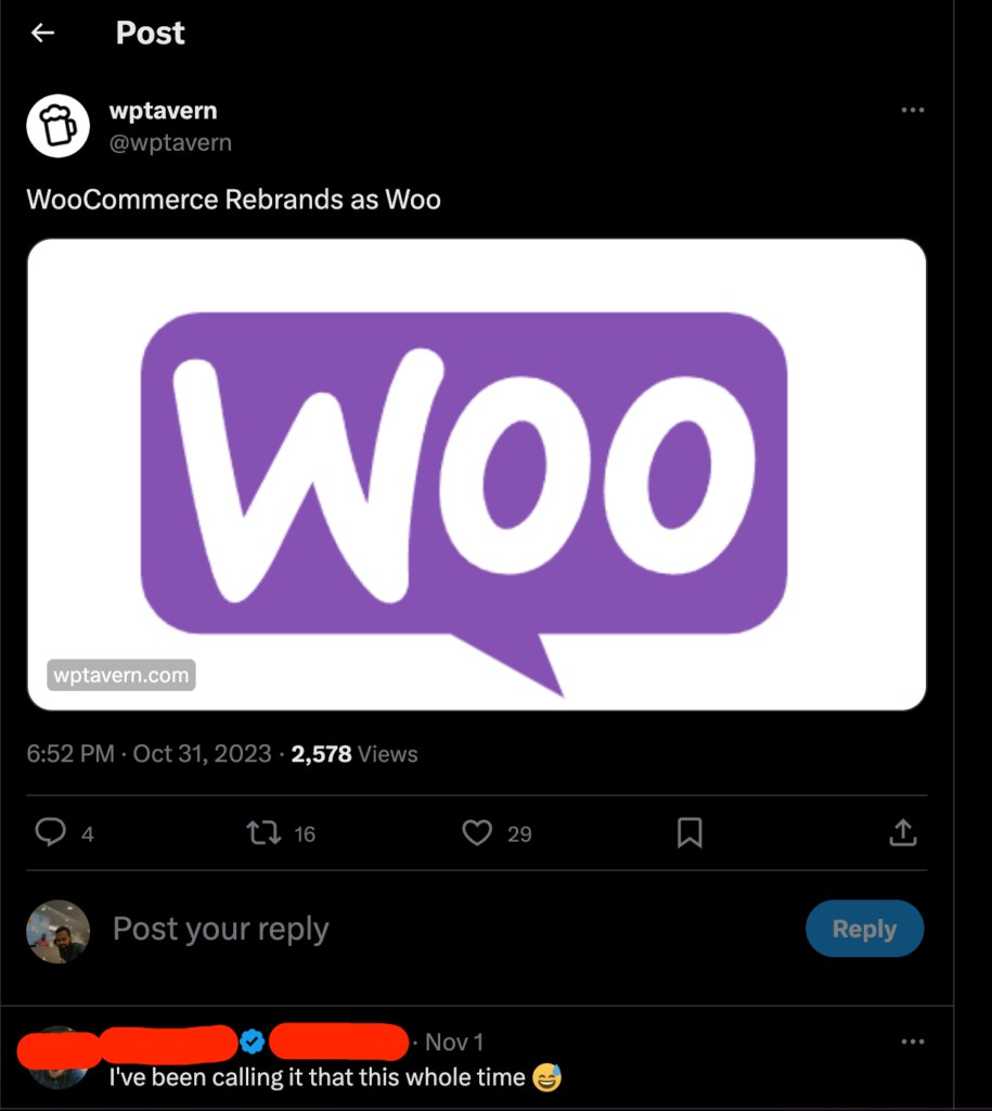 This is a screenshot of WPTavern's 
 news on X (Twitter) about WooCommerce Rebrands as Woo and a user's comment on that tweet