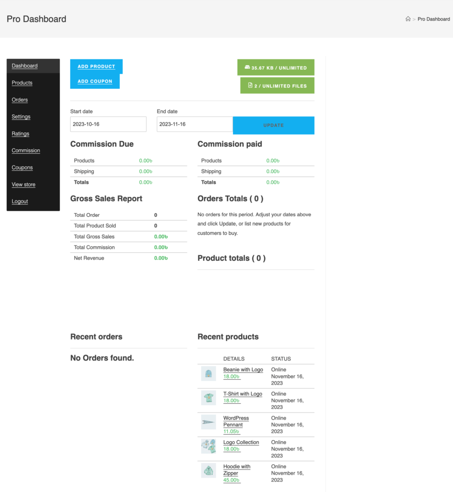 This is a screenshot of WC Vendors Dashboard