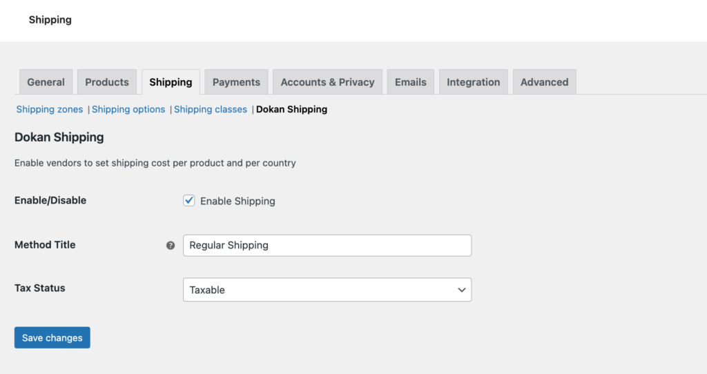 This is a screenshot of Dokan available shipping methods