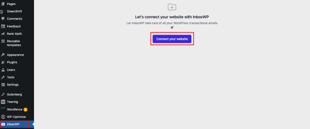 This screenshot shows how to connect a website with InboxWP plugin