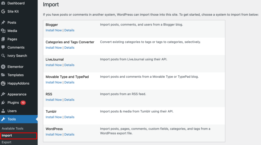 A screenshot showing how to import data into WordPress from other CMS platform