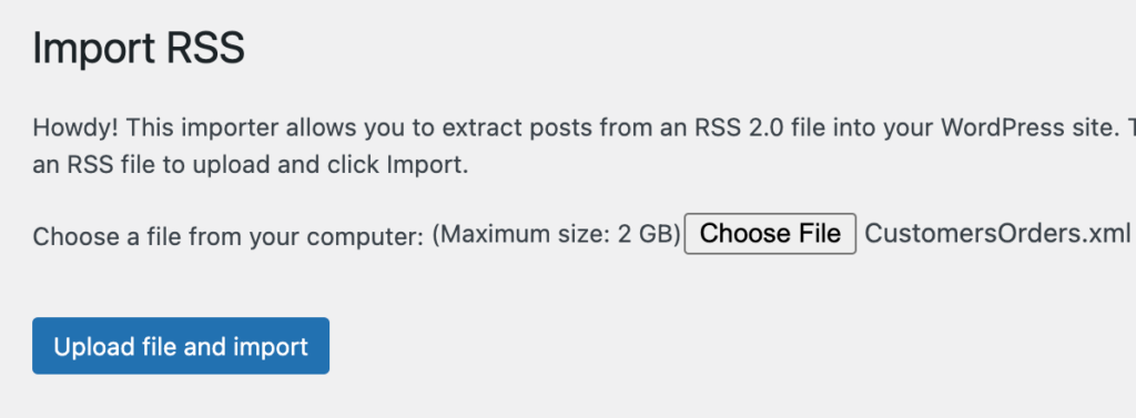A screenshot showing how to import rss file into WordPress- migrate to WordPress