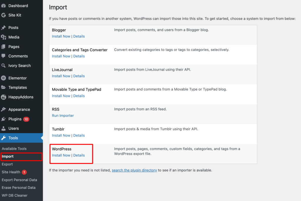 A screenshot showing how to install WordPress importer on your site