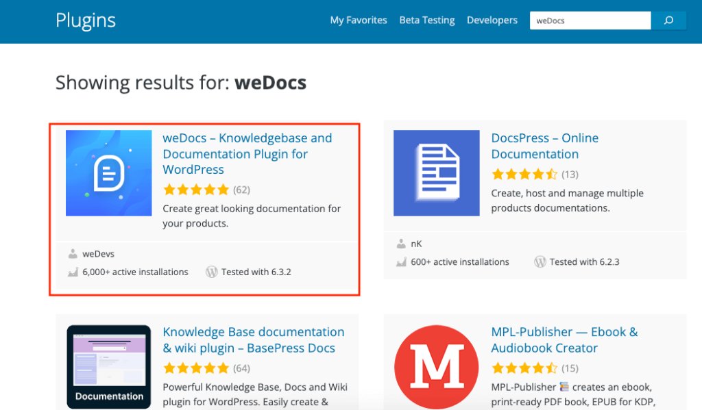 A screenshot of searching for weDoc on WordPress dashboard
