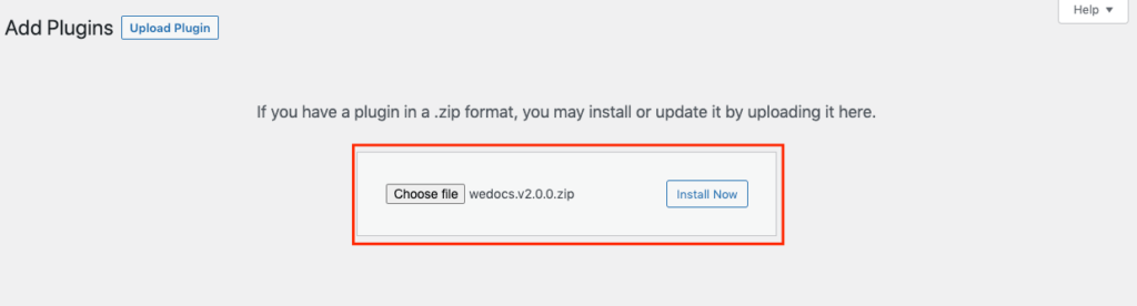 A screenshot to upload the weDoc plugin files on your WordPress