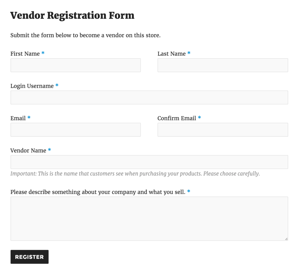 A screenshot to vendor registration form product vendors