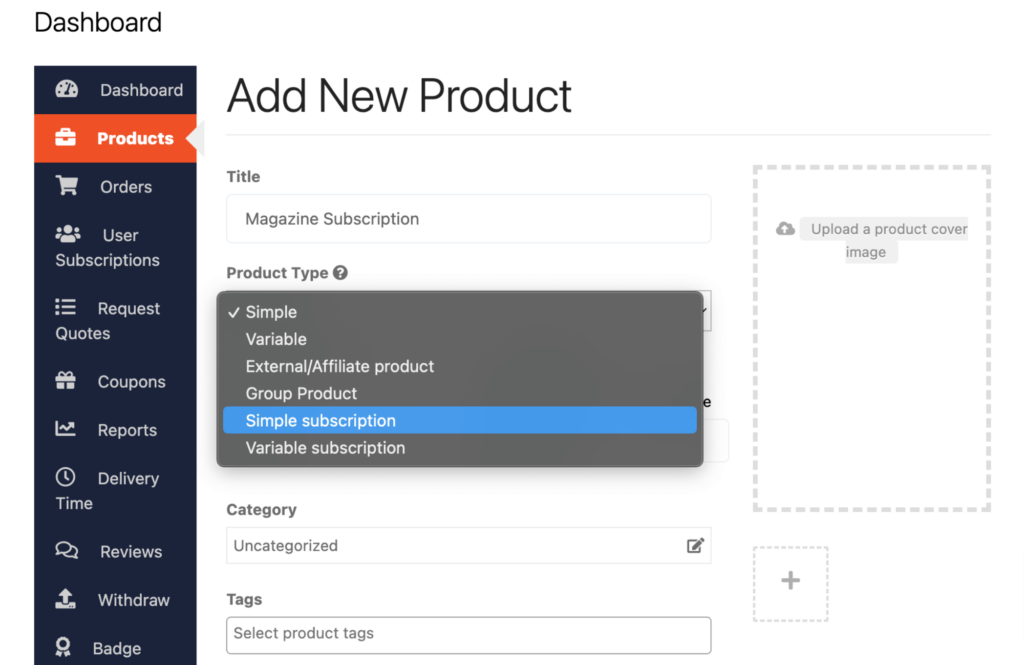 This screenshot shows how to add a simple subscription product