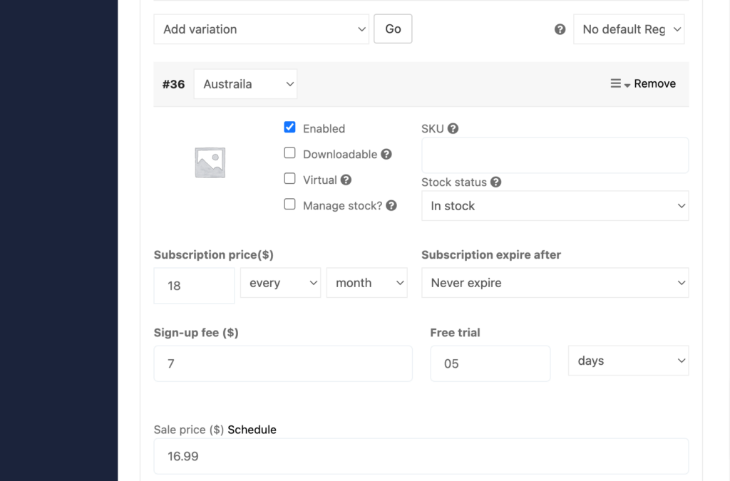 This image shows how to add variations for a product 