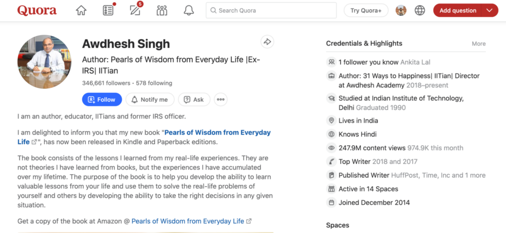 A screenshot to craft a compelling profile- how to use quora for marketing