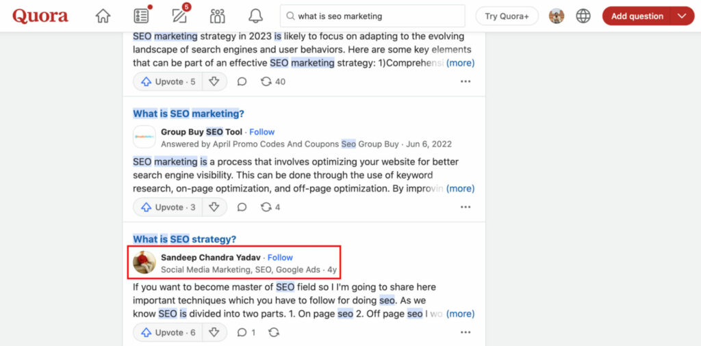 A screenshot to optimize for search on Quora