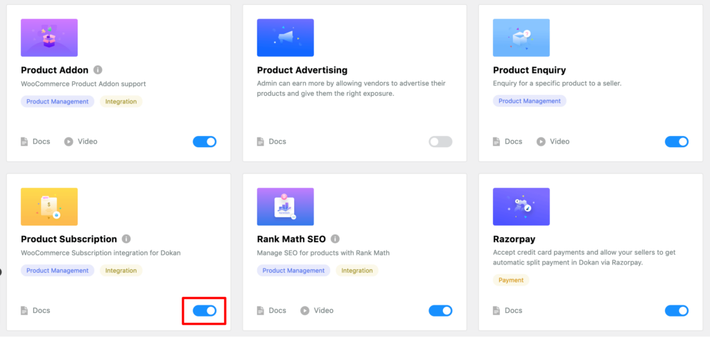 This image shows a few Dokan module including the Product Subscription module. 