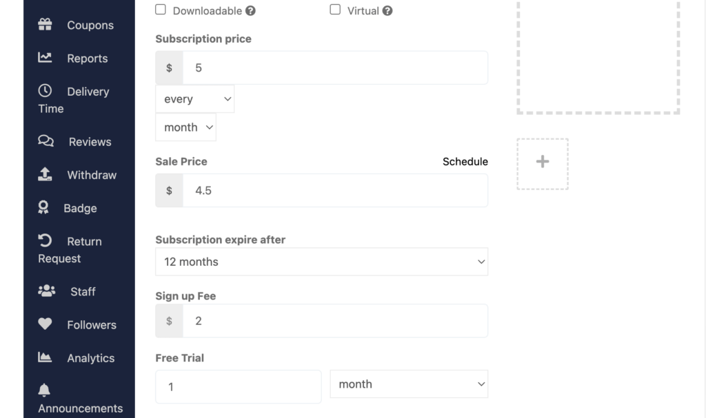 This screenshot shows how to add information for a simple subscription product using Dokan