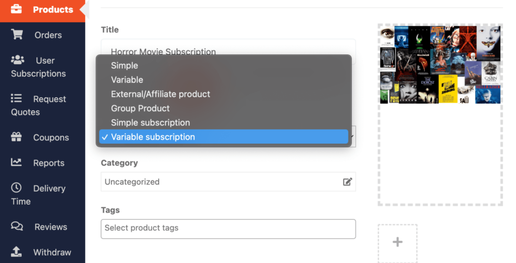 This image shows how to add a variable subscription product