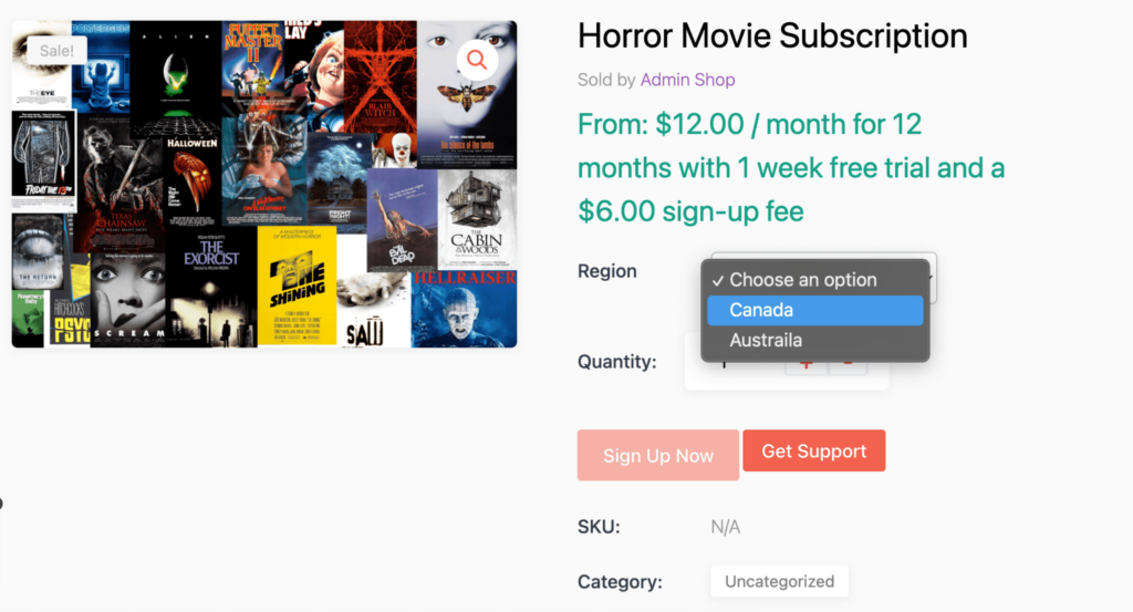 This is a screenshot of a variable subscription product example