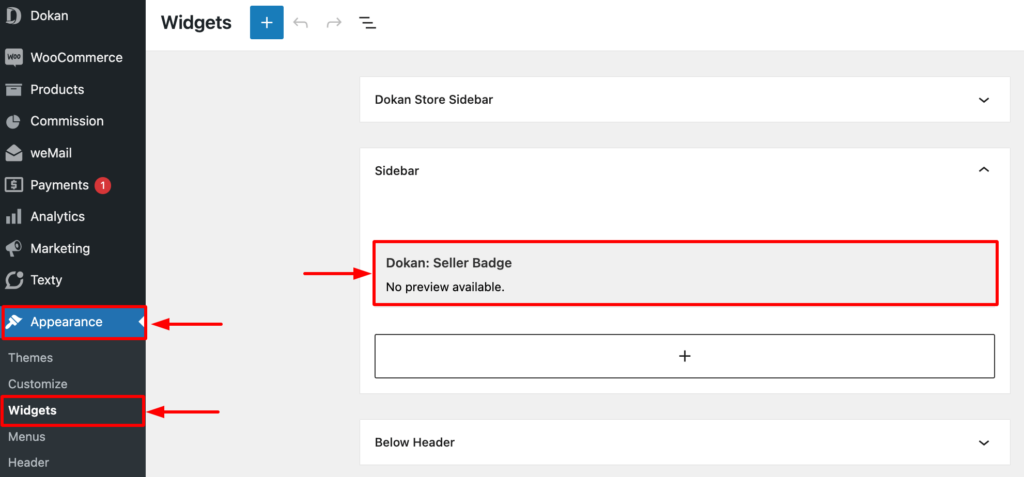 This is a screenshot to add Dokan seller badge widget