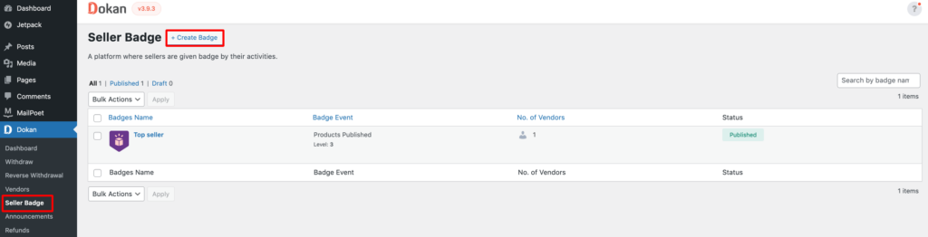 A screenshot to create new badge with dokan seller badge