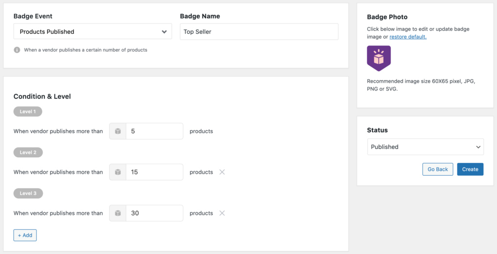 This is a screenshot to define badge for marketplace vendors on dokan marketplace