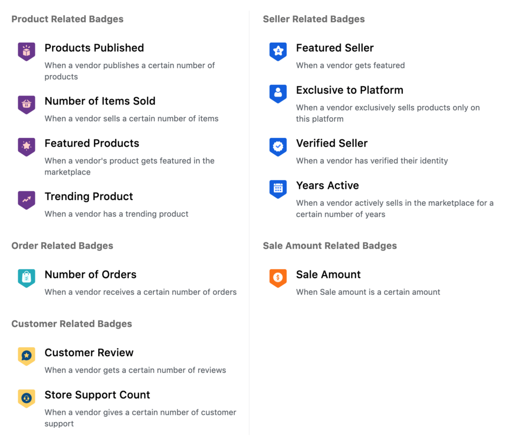 This is a screenshot of different badges available on dokan multivendor marketplace