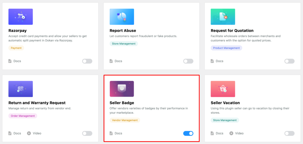 This is a screenshot to activate dokan seller badge module on your marketplace