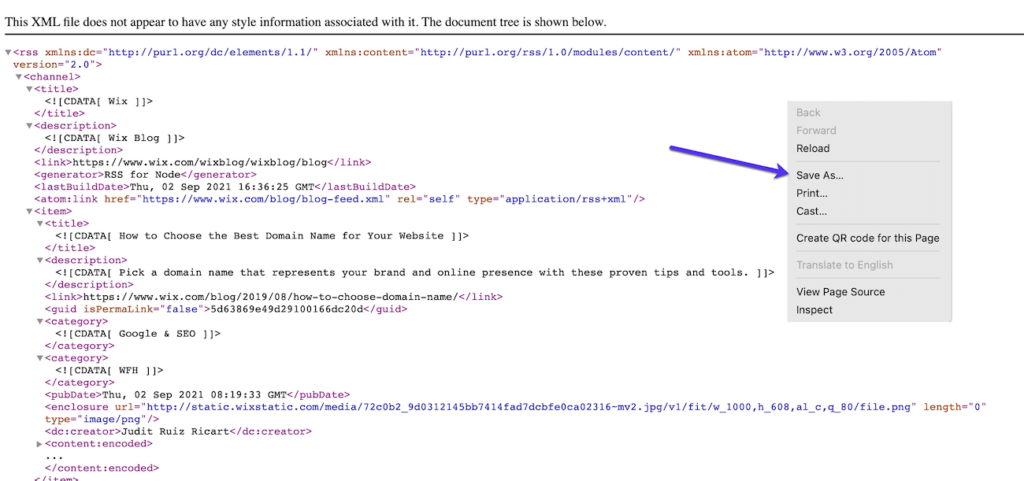 save source code wix rss feed on your computer- migration from wix to WordPress