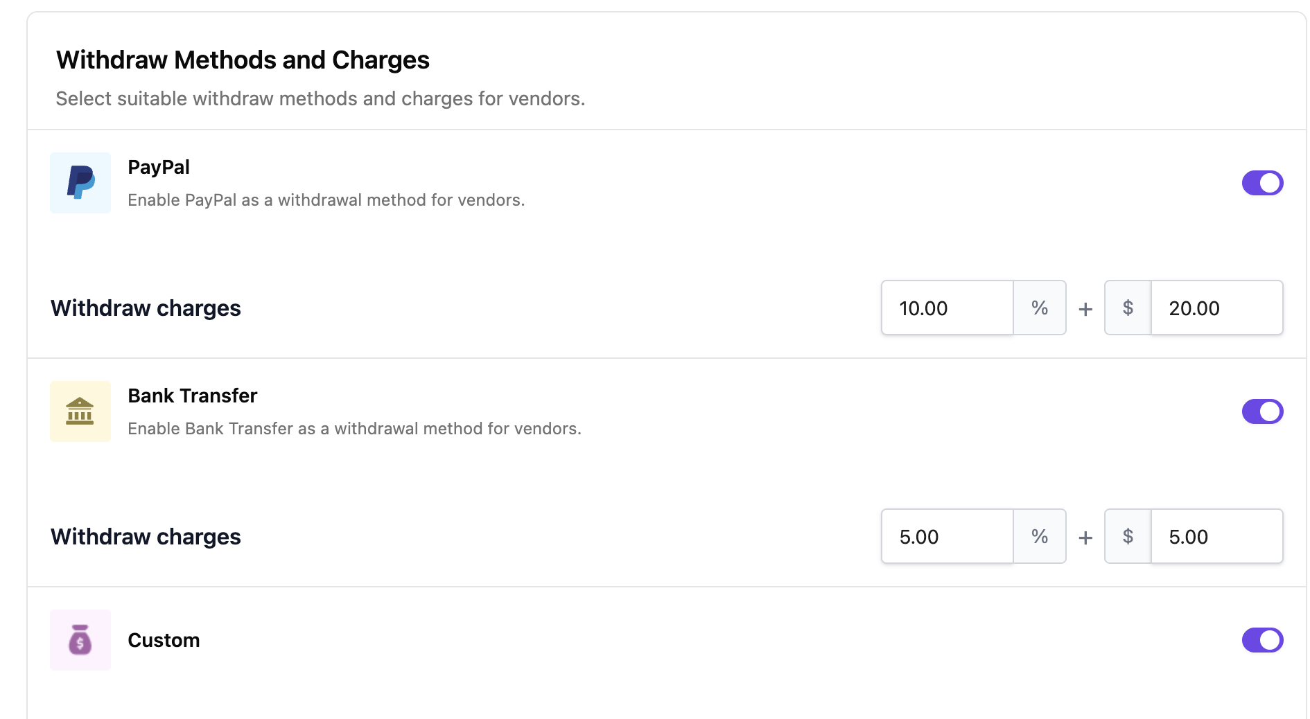 This is a screenshot of withdraw charges being set