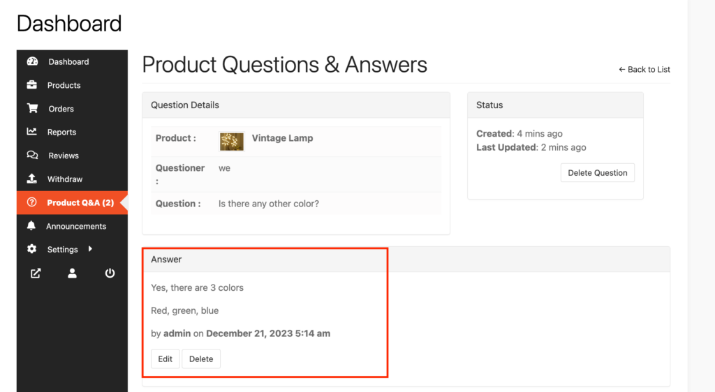 This is a screenshot of answered question by vendor