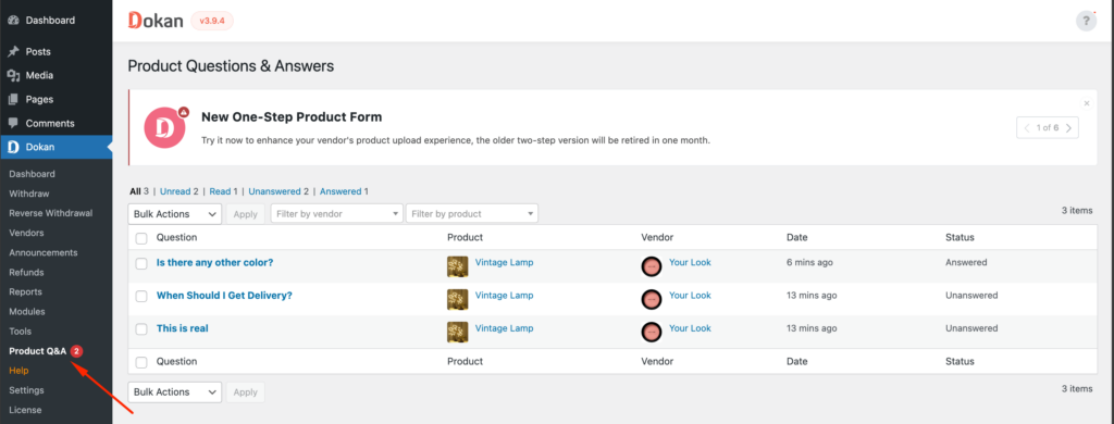 This is a screenshot of questions in the admin dashboard